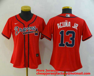 Women's Atlanta Braves #13 Ronald Acuna Jr. Red Stitched MLB Cool Base Nike Jersey