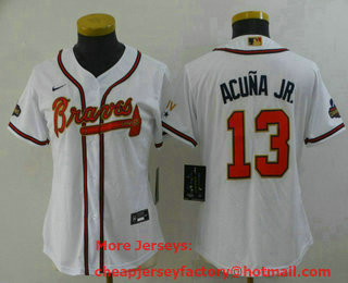 Women's Atlanta Braves #13 Ronald Acuna Jr 2022 White Gold World Series Champions Program Cool Base Stitched Baseball Jersey