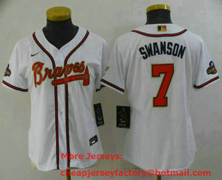 Women's Atlanta Braves #7 Dansby Swanson 2022 White Gold World Series Champions Program Cool Base Stitched Baseball Jersey