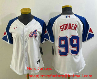 Women's Atlanta Braves #99 Spencer Strider White 2023 City Connect Cool Base Stitched Jersey 01