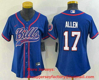 Women's Buffalo Bills #17 Josh Allen Blue With Patch Cool Base Stitched Baseball Jersey