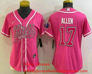 Women's Buffalo Bills #17 Josh Allen Pink With Patch Cool Base Stitched Baseball Jersey