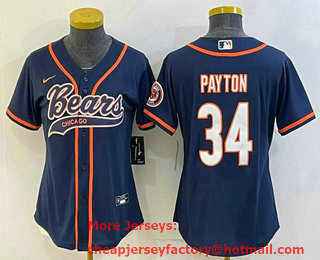 Women's Chicago Bears #34 Walter Payton Navy With Patch Cool Base Stitched Baseball Jersey