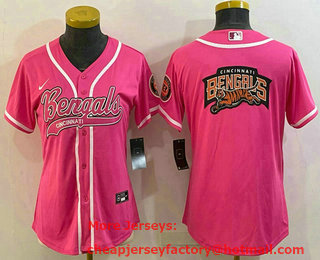 Women's Cincinnati Bengals Pink Team Big Logo With Patch Cool Base Stitched Baseball Jersey