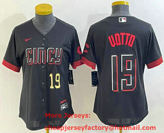 Women's Cincinnati Reds #19 Joey Votto Number Black 2023 City Connect Cool Base Stitched Jersey 01