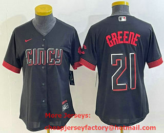 Women's Cincinnati Reds #21 Hunter Greene Black 2023 City Connect Cool Base Stitched Jersey 01