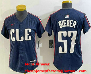 Women's Cleveland Guardians #57 Shane Bieber Navy 2024 City Connect Limited Stitched Jersey
