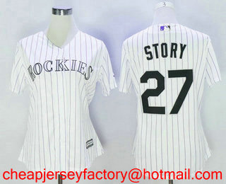 Women's Colorado Rockies #27 Trevor Story White Pinstripe Home Baseball Jersey