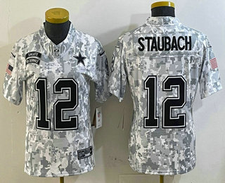 Women's Dallas Cowboys #12 Roger Staubach Arctic Camo 2024 FUSE Salute to Service Limited Stitched Jersey