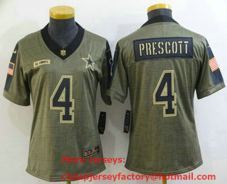 Women's Dallas Cowboys #4 Dak Prescott 2021 Olive Salute To Service Limited Stitched Jersey