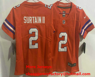 Women's Denver Broncos #2 Patrick Surtain II Limited Orange Throwback Vapor Jersey