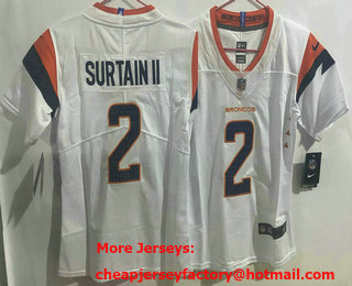 Women's Denver Broncos #2 Patrick Surtain II Limited White Vapor Jersey