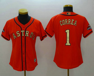 Women's Houston Astros #1 Carlos Correa Orange with Gold Cool Base Stitched 2017 World Series Champions Patch Jersey