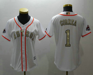 Women's Houston Astros #1 Carlos Correa White with Gold Home Majestic Cool Base Stitched 2017 World Series Champions Patch Jersey