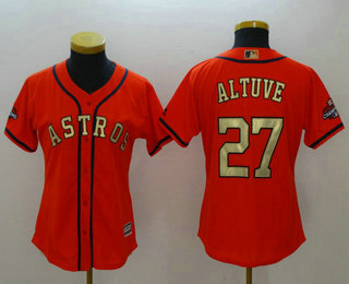 Women's Houston Astros #27 Jose Altuve Orange with Gold Cool Base Stitched 2017 World Series Champions Patch Jersey