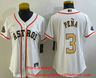 Women's Houston Astros #3 Jeremy Pena 2023 White Gold World Serise Champions Patch Cool Base Stitched Jersey 01