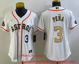 Women's Houston Astros #3 Jeremy Pena Number 2023 White Gold World Serise Champions Patch Cool Base Stitched Jersey 01