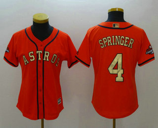Women's Houston Astros #4 George Springer Orange with Gold Cool Base Stitched 2017 World Series Champions Patch Jersey