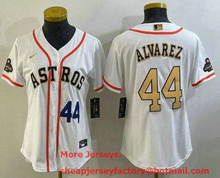 Women's Houston Astros #44 Yordan Alvarez Number 2023 White Gold World Serise Champions Patch Cool Base Stitched Jersey 01