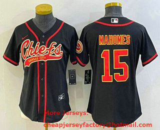 Women's Kansas City Chiefs #15 Patrick Mahomes Black With Patch Cool Base Stitched Baseball Jersey