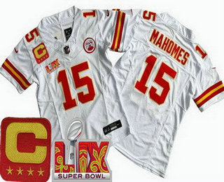 Women's Kansas City Chiefs #15 Patrick Mahomes Limited White C Patch Super Bowl LIX FUSE Vapor Jersey