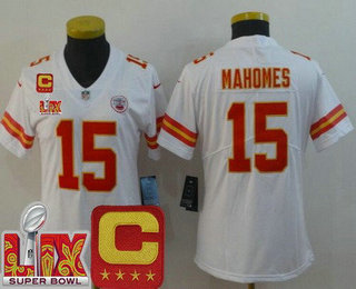 Women's Kansas City Chiefs #15 Patrick Mahomes Limited White C Patch Super Bowl LIX Vapor Jersey