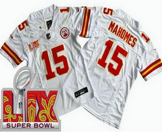 Women's Kansas City Chiefs #15 Patrick Mahomes Limited White Super Bowl LIX FUSE Vapor Jersey