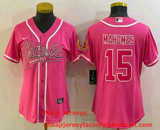 Women's Kansas City Chiefs #15 Patrick Mahomes Pink With Patch Cool Base Stitched Baseball Jersey