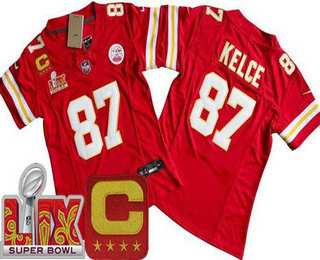 Women's Kansas City Chiefs #87 Travis Kelce Limited Red C Patch Super Bowl LIX FUSE Vapor Jersey