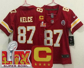 Women's Kansas City Chiefs #87 Travis Kelce Limited Red C Patch Super Bowl LIX Vapor Jersey