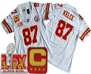 Women's Kansas City Chiefs #87 Travis Kelce Limited White C Patch Super Bowl LIX FUSE Vapor Jersey