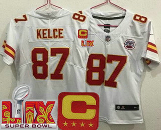 Women's Kansas City Chiefs #87 Travis Kelce Limited White C Patch Super Bowl LIX Vapor Jersey