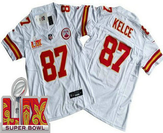 Women's Kansas City Chiefs #87 Travis Kelce Limited White Super Bowl LIX FUSE Vapor Jersey