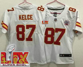 Women's Kansas City Chiefs #87 Travis Kelce Limited White Super Bowl LIX Vapor Jersey