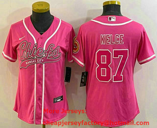 Women's Kansas City Chiefs #87 Travis Kelce Pink With Patch Cool Base Stitched Baseball Jersey