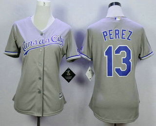 Women's Kansas City Royals #13 Salvador Perez Gray Road Cool Base Baseball Jersey