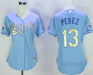 Women's Kansas City Royals #13 Salvador Perez Light Blue 2015 World Series Champions Gold Program Cool Base Jersey