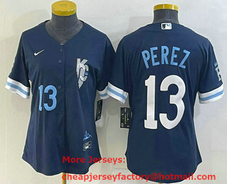 Women's Kansas City Royals #13 Salvador Perez Number 2022 Navy Blue City Connect Cool Base Stitched Jersey