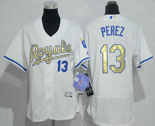 Women's Kansas City Royals #13 Salvador Perez White Champions Gold Program 2016 FlexBase Jersey