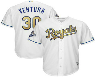 Women's Kansas City Royals #30 Yordano Ventura White World Series Champions Gold Program FlexBase Player Jersey