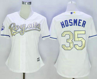 Women's Kansas City Royals #35 Eric Hosmer White 2015 World Series Champions Gold Program Cool Base Jersey
