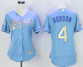 Women's Kansas City Royals #4 Alex Gordon Light Blue 2015 World Series Champions Gold Program Cool Base Jersey