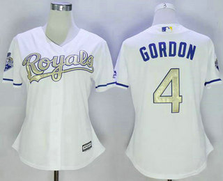 Women's Kansas City Royals #4 Alex Gordon White 2015 World Series Champions Gold Program Cool Base Jersey