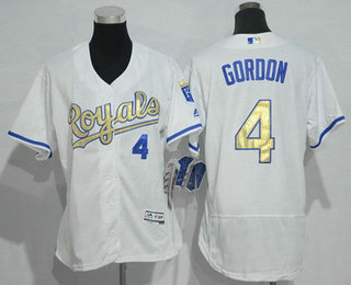 Women's Kansas City Royals #4 Alex Gordon White Champions Gold Program 2016 FlexBase Jersey