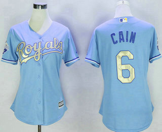 Women's Kansas City Royals #6 Lorenzo Cain Light Blue 2015 World Series Champions Gold Program Cool Base Jersey