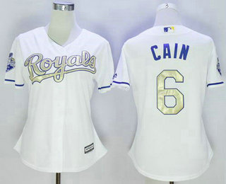 Women's Kansas City Royals #6 Lorenzo Cain White 2015 World Series Champions Gold Program Cool Base Jersey