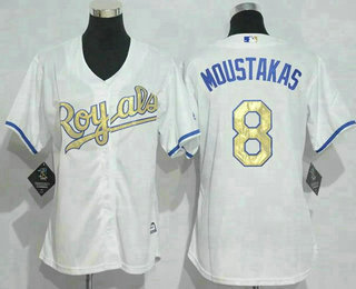 Women's Kansas City Royals #8 Mike Moustakas White 2015 World Series Champions Gold Program Cool Base Jersey