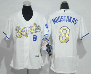 Women's Kansas City Royals #8 Mike Moustakas White Champions Gold Program 2016 FlexBase Jersey