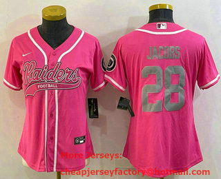 Women's Las Vegas Raiders #28 Josh Jacobs Pink With Patch Cool Base Stitched Baseball Jersey