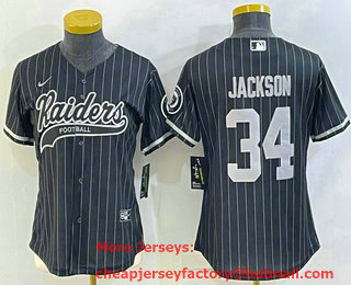 Women's Las Vegas Raiders #34 Bo Jackson Black Team Big Logo With Patch Cool Base Stitched Baseball Jersey